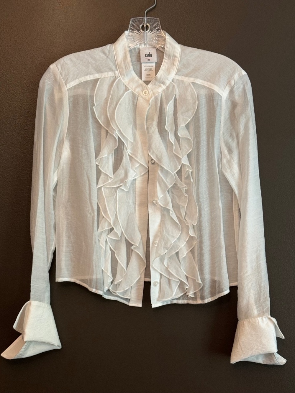 Cabi Noble Blouse #4537 White Ruffle Front Sheer Romantic Top XS